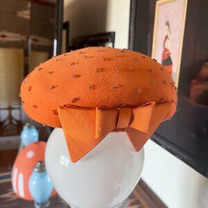 Mid Century Gene Doris New York Burnt Orange Woman's Pill Box Wool Hat with Bow